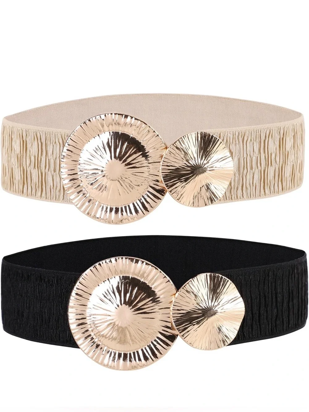Set of 2 Stretchy Elastic Waist Wide Gold Round Buckle Black Cream Belts